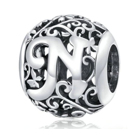 Srebrny Charms Ozdobna Literka N