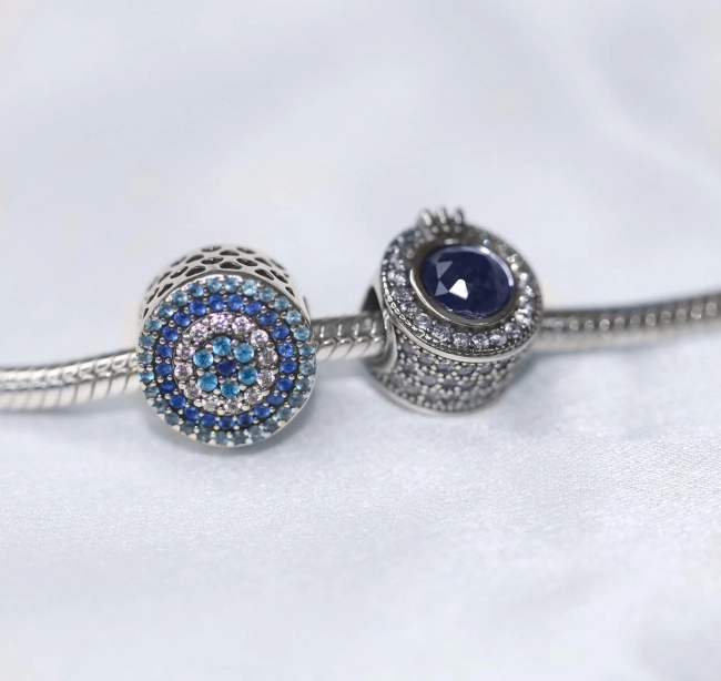 Srebrny Charms Niebieski Koralik z Koroną