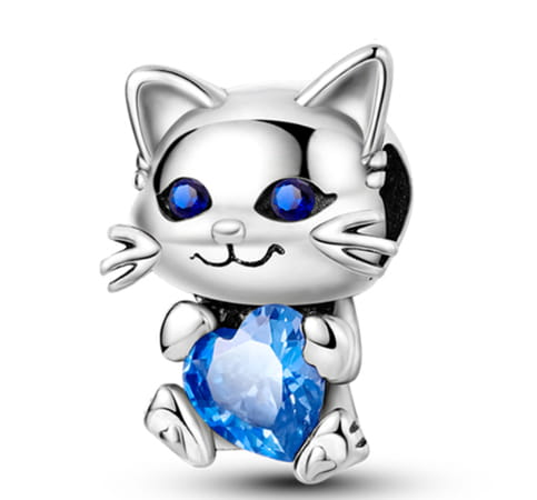Srebrny Charms Kotek z Niebieskim Sercem