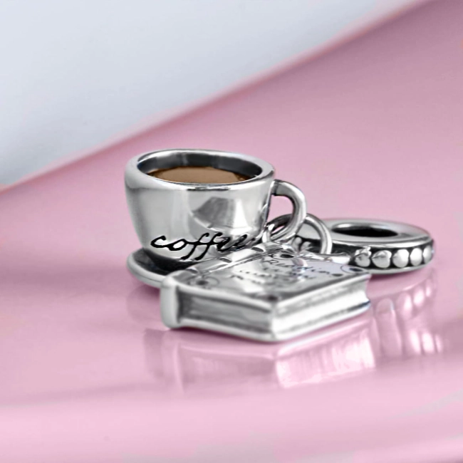 Srebrny Charms Filiżanka Kawy z Książką- sklep internetowy