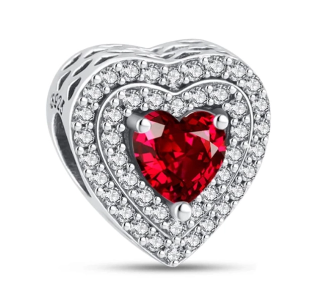Srebrny Charms Rubinowe Serce Podwójny Rząd Cyrkonii