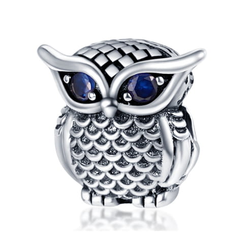 Srebrny Charms Mądra Sowa z Niebieskimi Oczami
