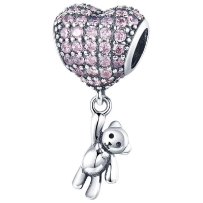 Srebrny Charms Zawieszka Miś z Różowym Sercem