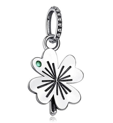 Srebrny Charms Zawieszka Koniczynka z Zielonym Oczkiem