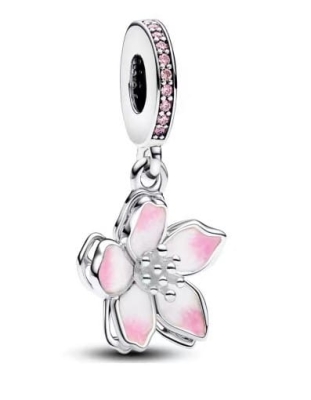Srebrny Charms Różowy Kwiat Wiśni