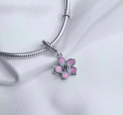 Srebrny Charms Różowy Kwiat Wiśni