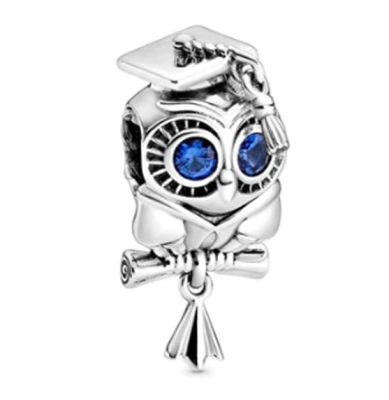 Srebrny Charms Sowa z Niebieskimi Oczami w Czapce Absolwenta