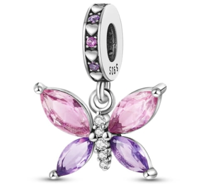 Srebrny Charms Zawieszka Fioletowy Motyl