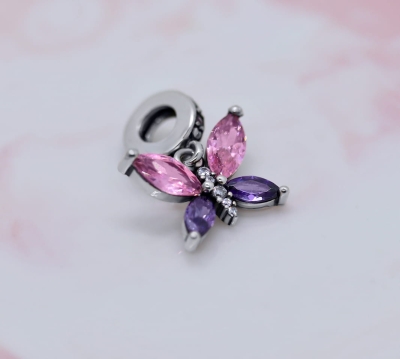 Srebrny Charms Zawieszka Fioletowy Motyl