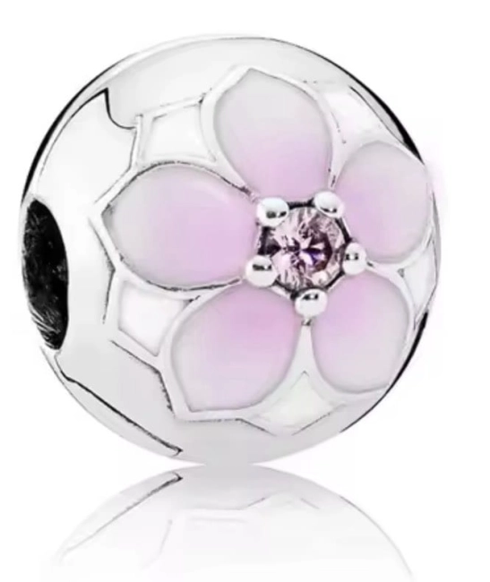 Srebrny Charms Klips z Różowym Kwiatem