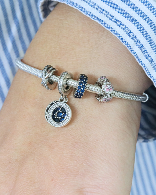 Srebrny Charms Separator Niebieskie Cyrkonie