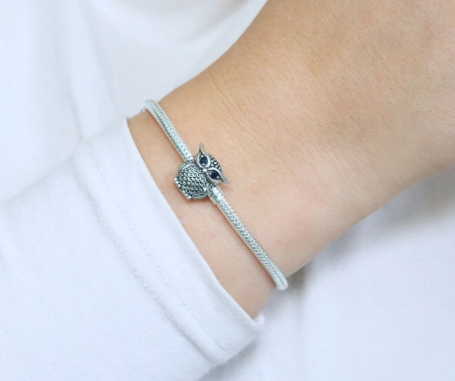 Srebrny Charms Mądra Sowa z Niebieskimi Oczami