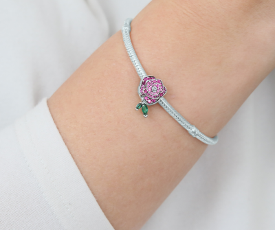 Srebrny Charms Czerwona Róża z Zielonym Listkiem