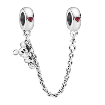 Srebrny Łańcuszek Zabezpieczający z Myszką i Czerwonymi Sercami