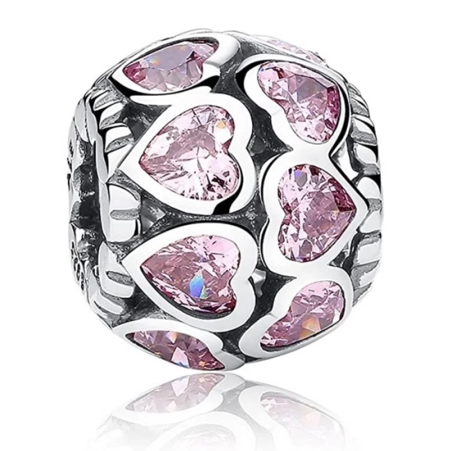Srebrny Charms z Różowymi Kryształami Serca