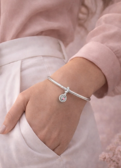 Srebrny Charms Zawieszka Różowe Serce