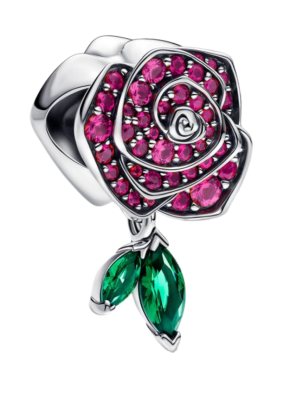 Srebrny Charms Czerwona Róża z Zielonym Listkiem