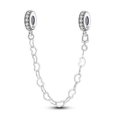 Srebrny Charms Łańcuszek Zabezpieczający Łańcuch Serc