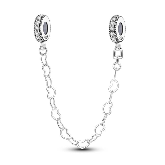 Srebrny Charms Łańcuszek Zabezpieczający Łańcuch Serc