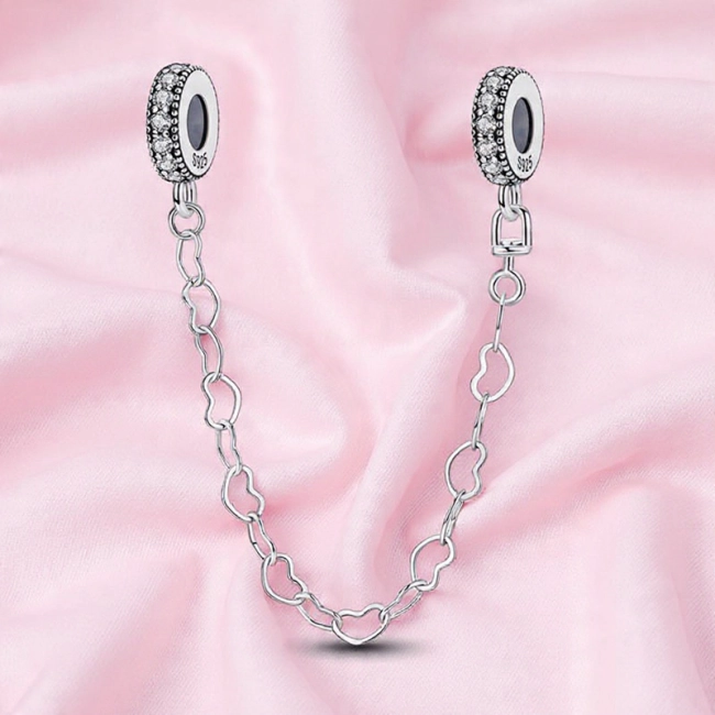 Srebrny Charms Łańcuszek Zabezpieczający Łańcuch Serc