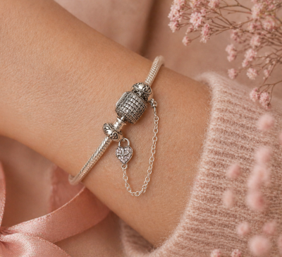 Srebrny Charms Łańcuszek Zabezpieczający z Sercem