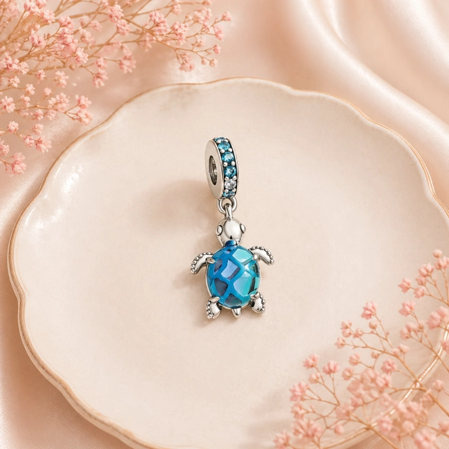 Srebrny Charms Niebieski Żółwik