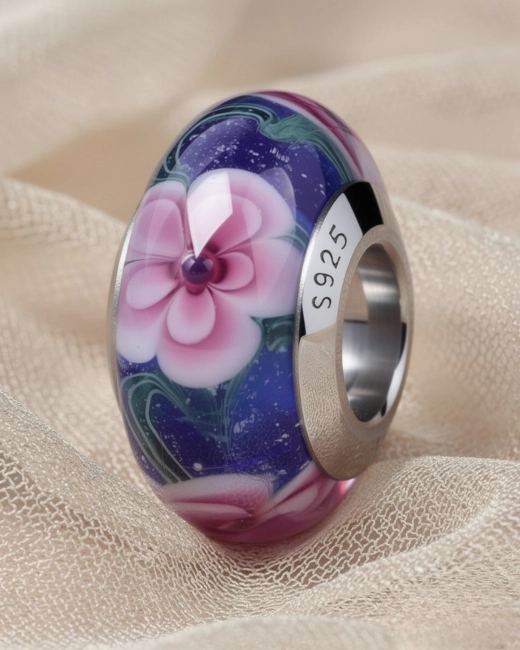 Srebrny Charms Różowy Ogród Murano