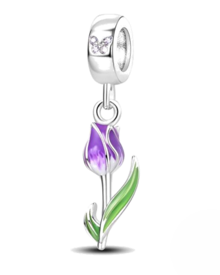 Srebrny Charms Tulipan Fioletowy Kwiat