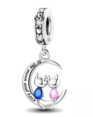 Srebrny Charms Koty na Księżycu Kocham Cię