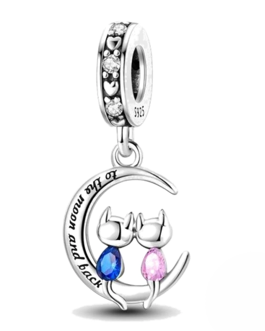 Srebrny Charms Koty na Księżycu Kocham Cię