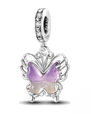 Srebrny Charms Fioletowy Motyl Lawendowa Fantazja