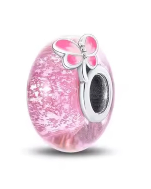Srebrny Charms Różowy Motyl Wiosny Murano