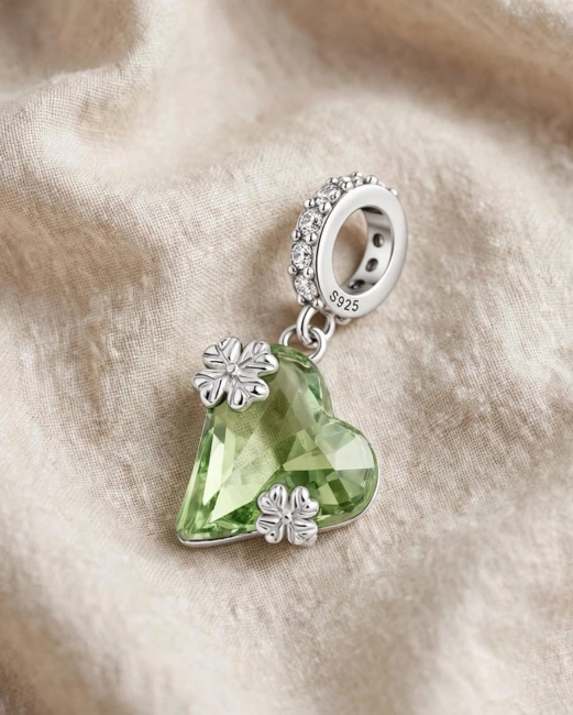 Srebrny Charms Zielone Kryształowe Serce