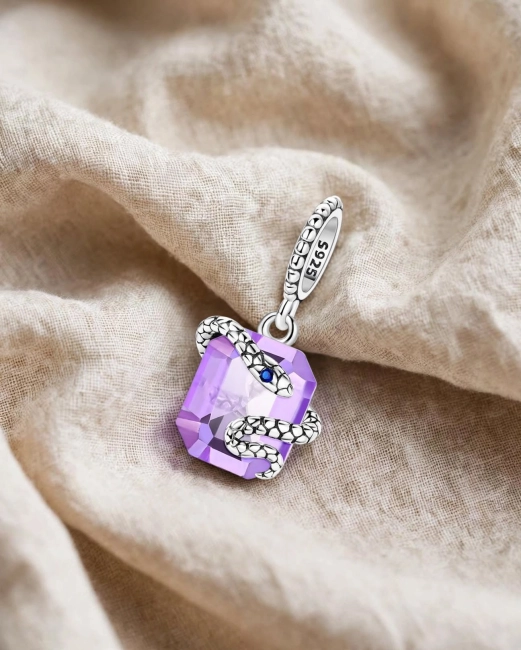 Srebrny Charms Fioletowy Kryształ Wąż
