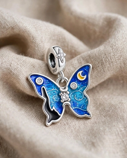 Srebrny Charms Motyl Gwieździsta Noc